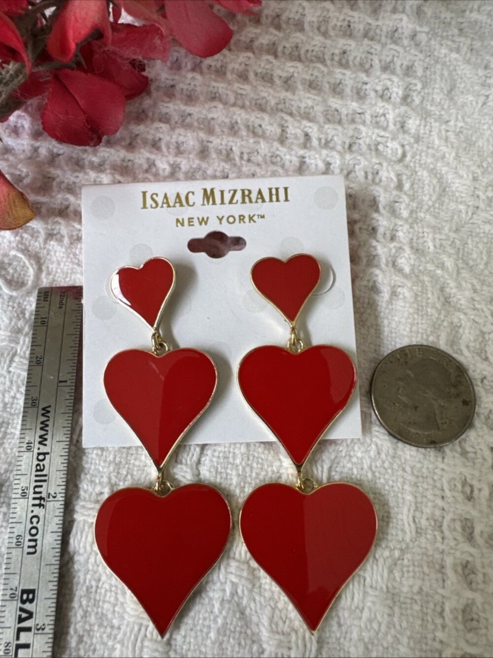 Isaac Mizrahi Gold Red Enamel 3 Tiered Hearts Dangle Earrings MSRP $38 NEW